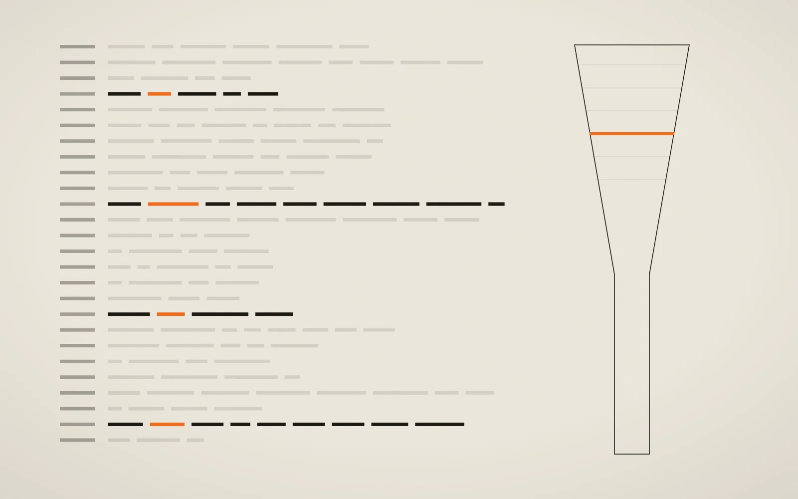 Rows of abstract log lines on warm paper, a few segments highlighted in ember, flowing toward a funnel on the right.