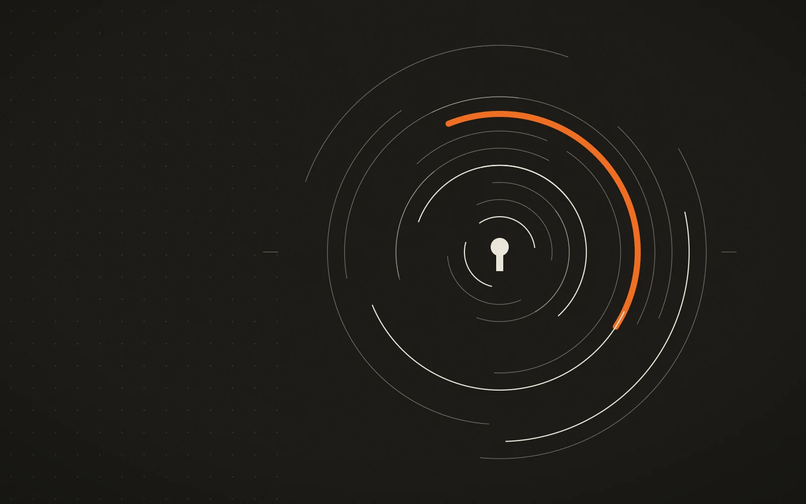 Concentric broken rings around a keyhole on a near-black ground, one arc highlighted in ember like a combination dial.