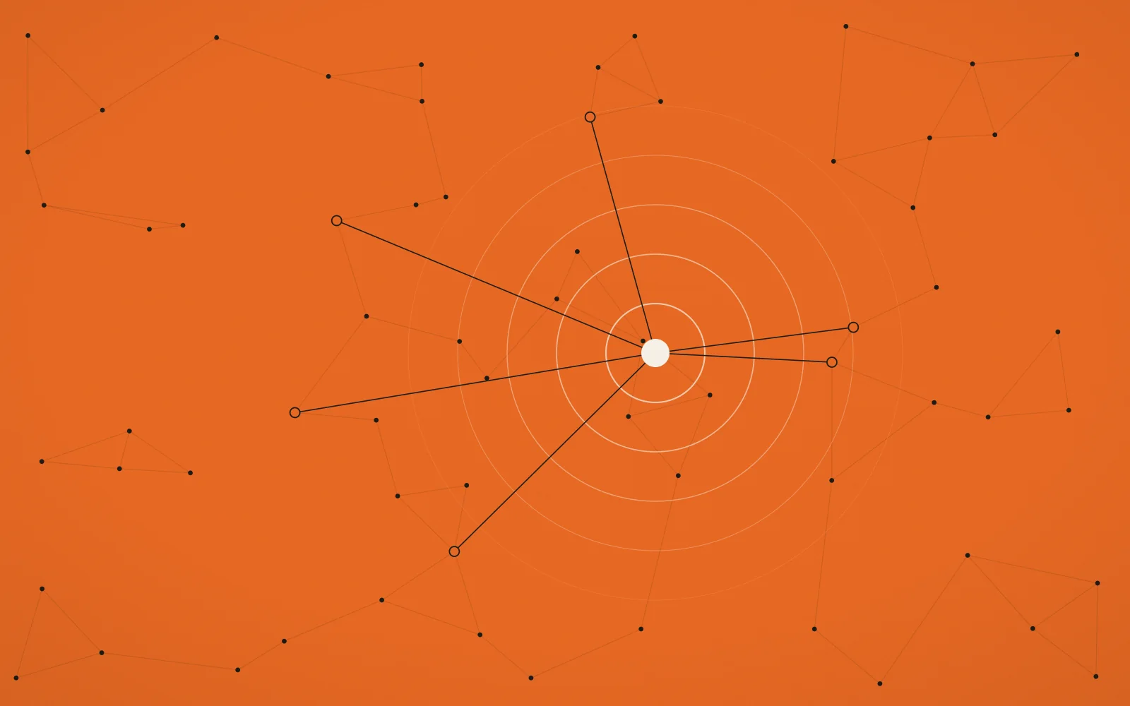 An ember field of scattered nodes with one bright hub sending lines out to several receivers, surrounded by ripples.
