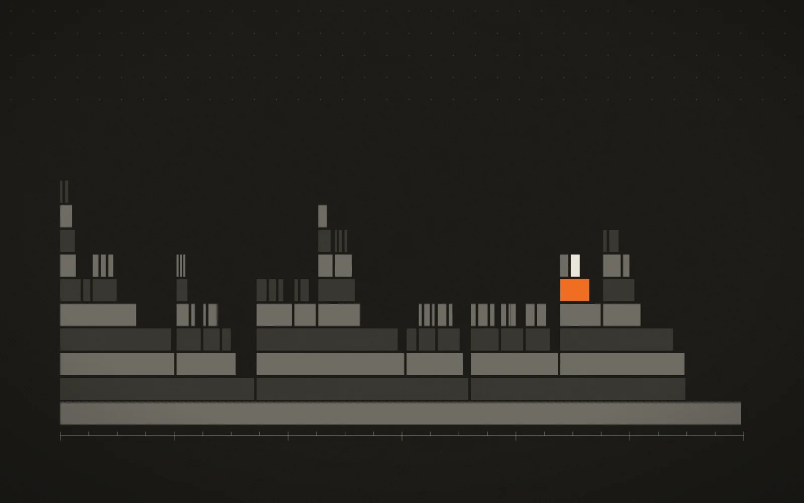 A flame graph of stacked grey bars on near-black, with one bar in the middle of the stack highlighted in ember.