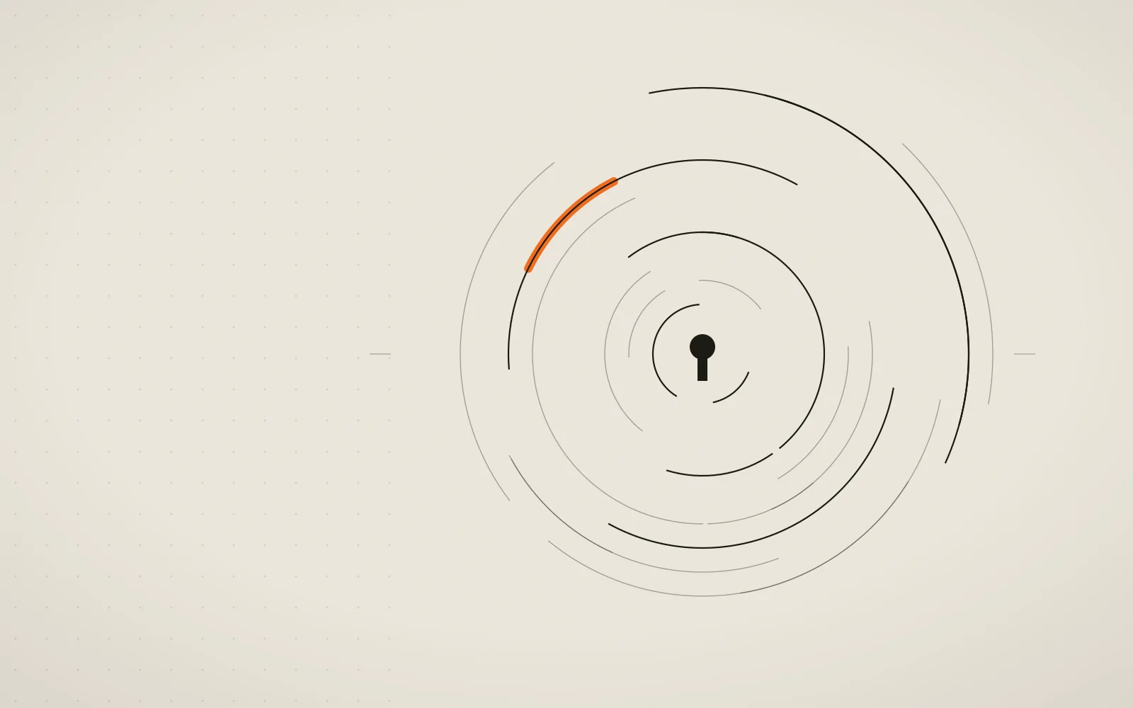 Thin concentric arcs around a small keyhole on warm paper, one short arc in ember.