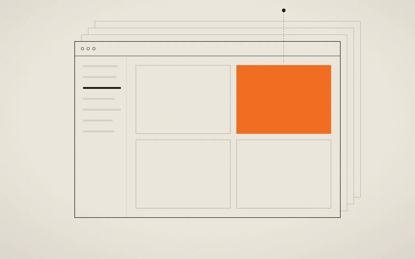 A wireframe browser window with ghosted frames behind it; one panel inside is filled ember, fed by a dotted line from above.