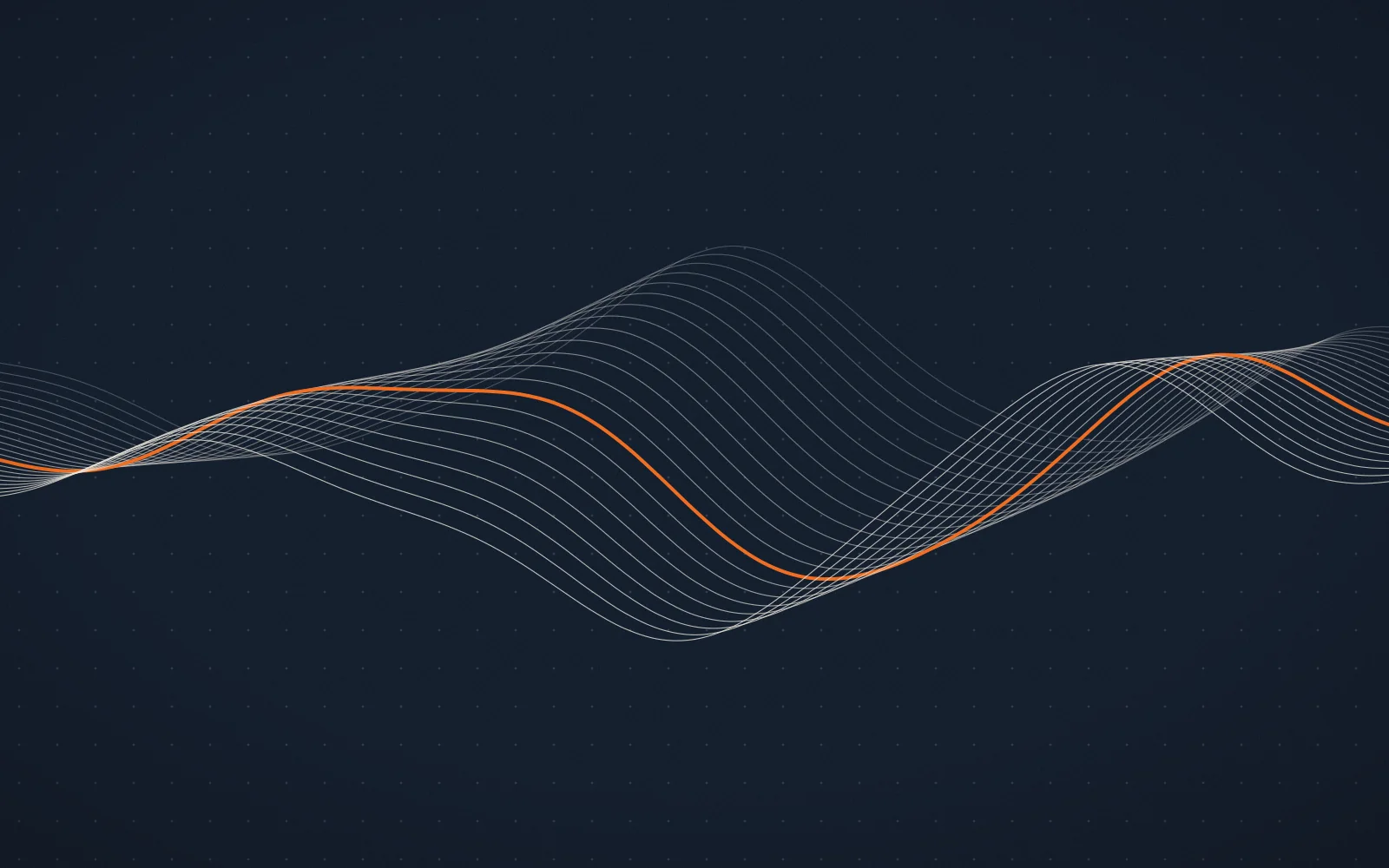 A ribbon of fine phase-shifted waves flowing across a midnight-blue field, with a single ember line running through the bundle.