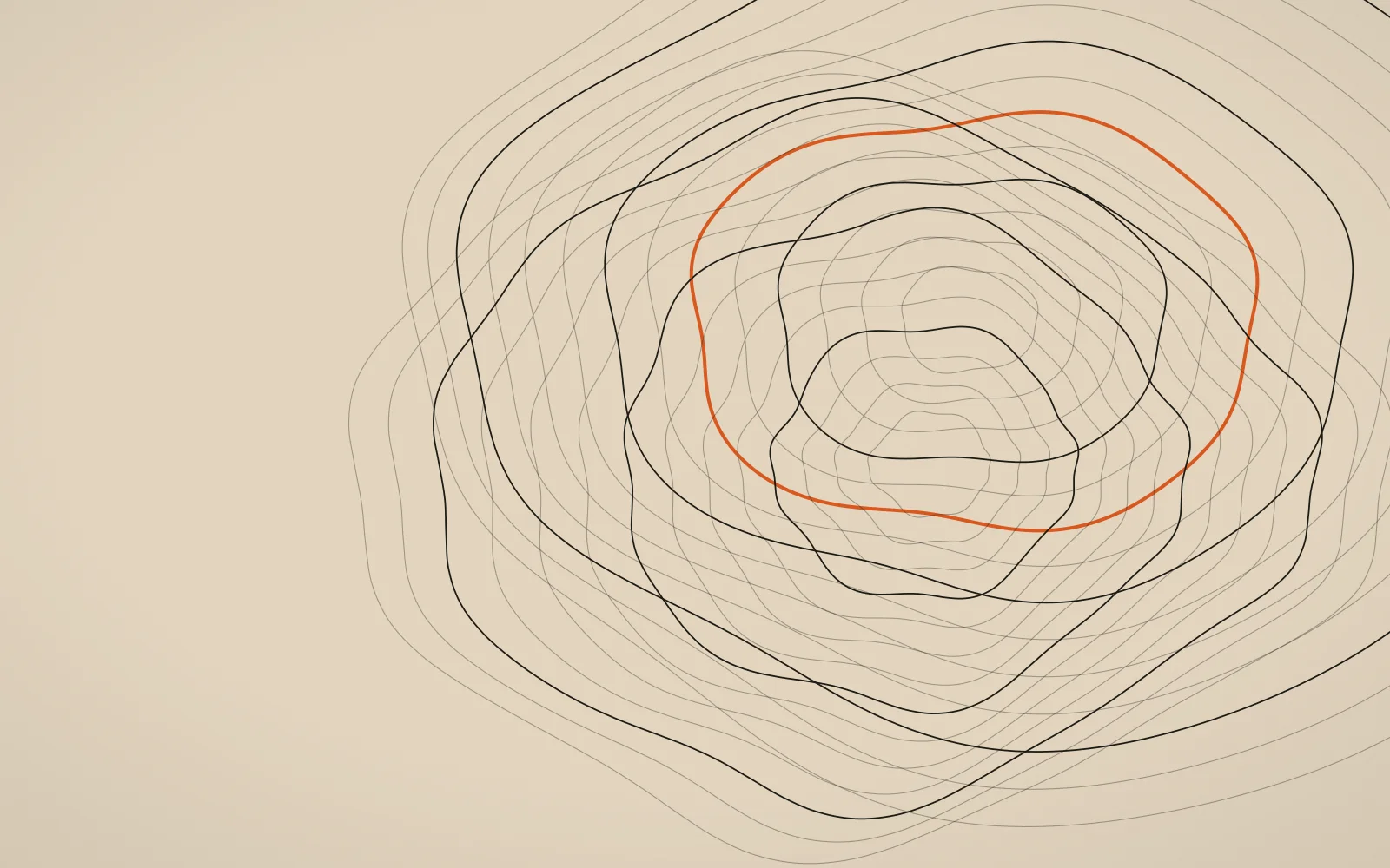 Overlapping topographic contours drawn in ink on sand-coloured paper, one contour traced in ember.